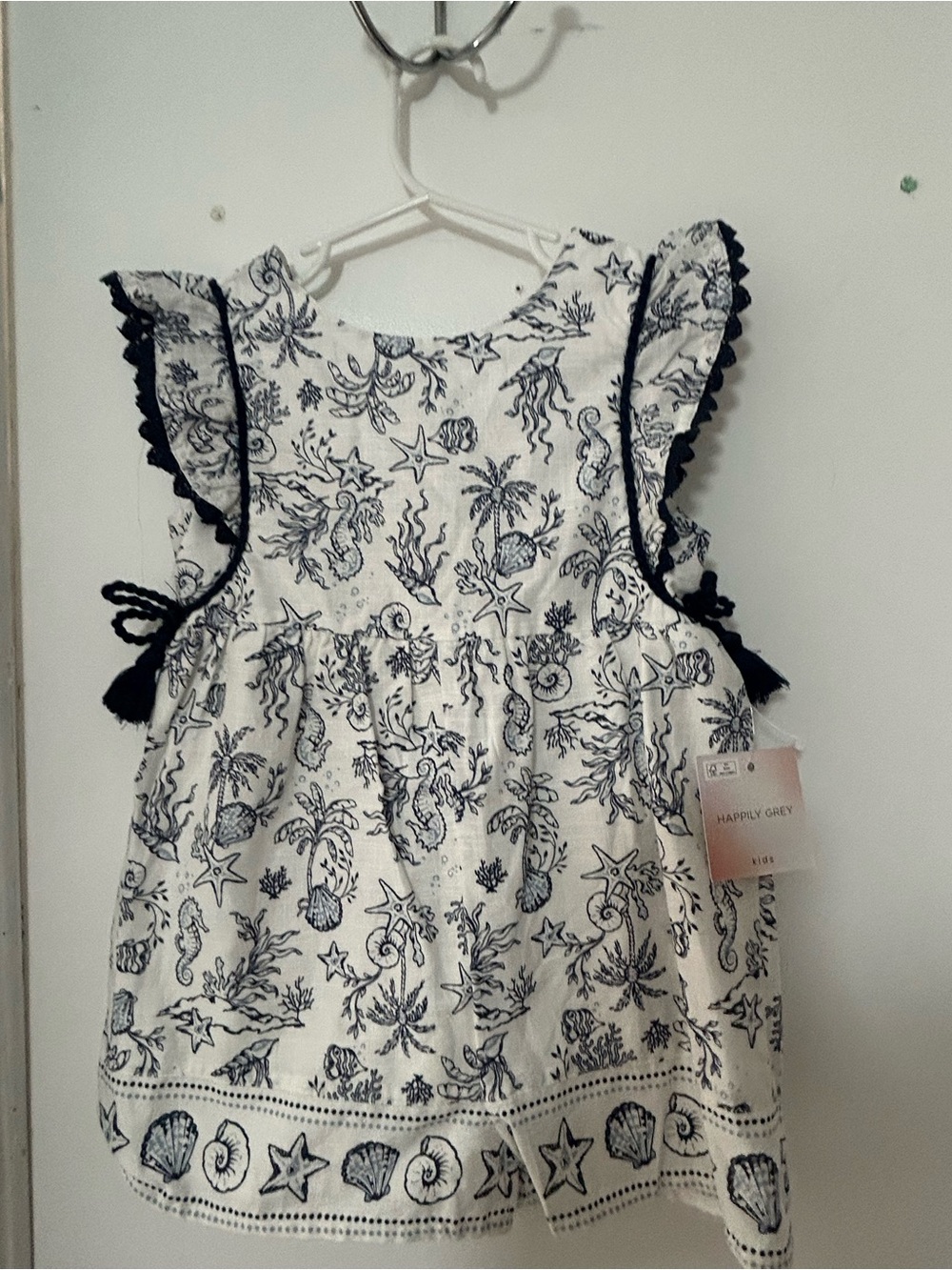 Girls Nautical Print Dress with Navy Trim